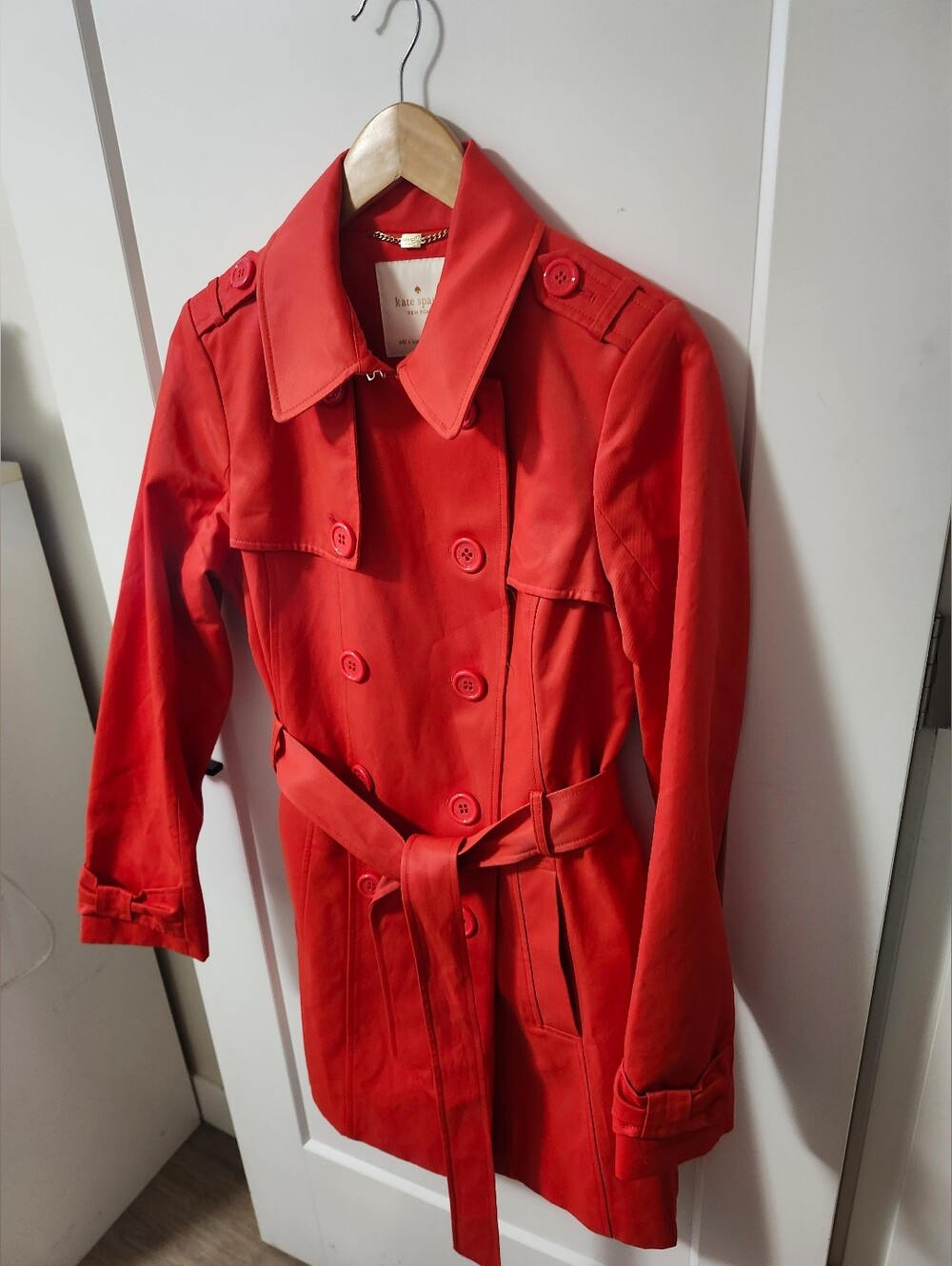 kate spade Red And Pink Double-Breasted Trench Coat with Waist Tie
